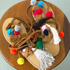 BOHO GLADIATOR SANDALS WRAP TO KNEE PERUVIAN POMPOM TASSEL FESTIVAL VEGAN SUEDE